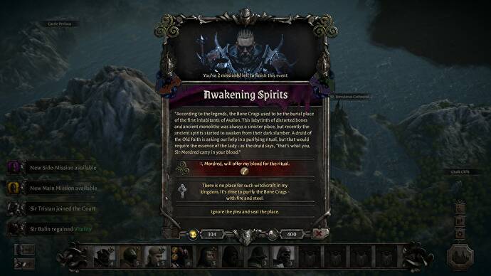 Un événement pop-up à choix multiples dans King Arthur : Knight's Tale. Une boîte avec quelques résultats - dans ce cas, l'un d'eux est d'offrir le sang de Mordred.